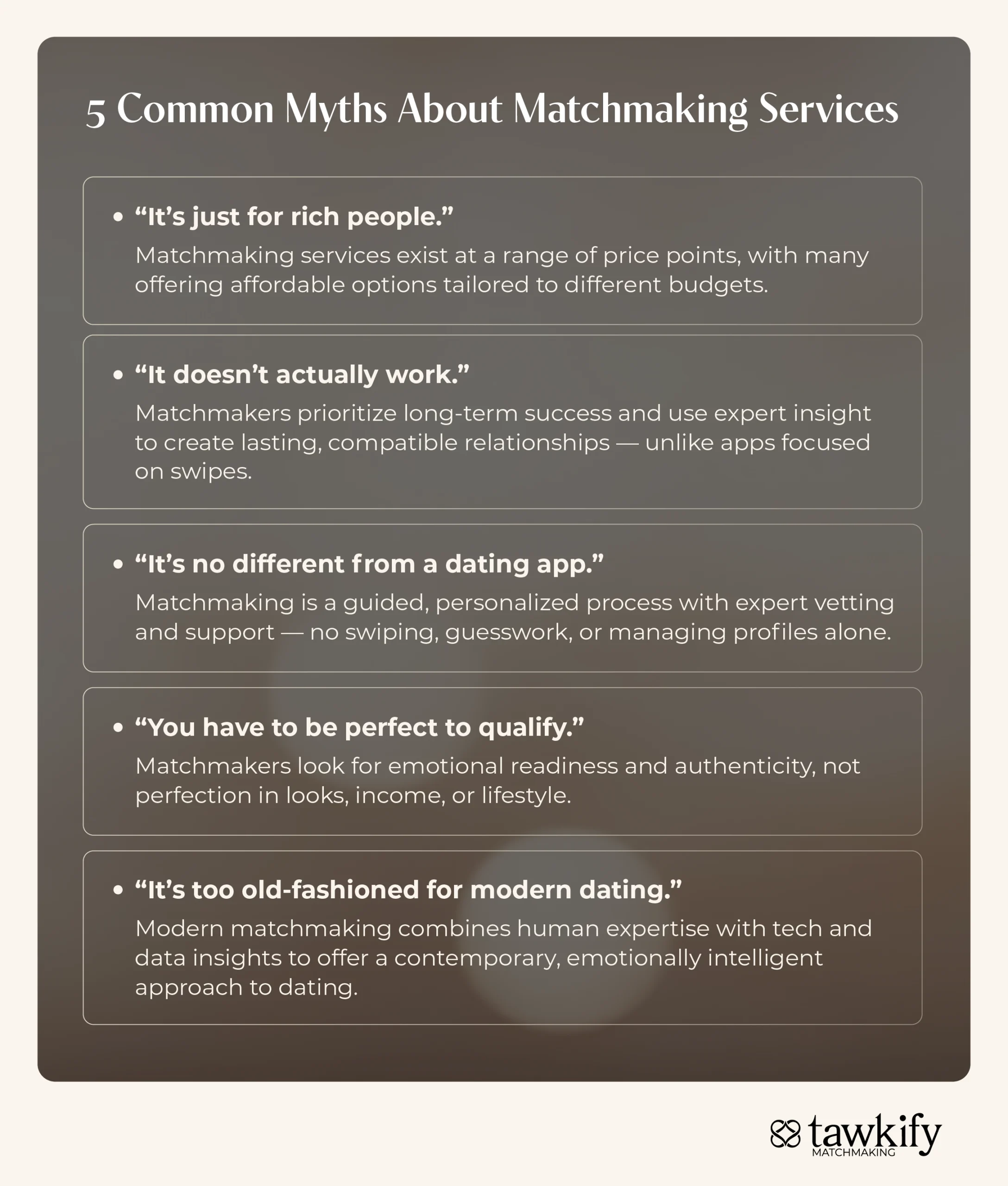 Graphic of 5 common myths about matchmaking services.