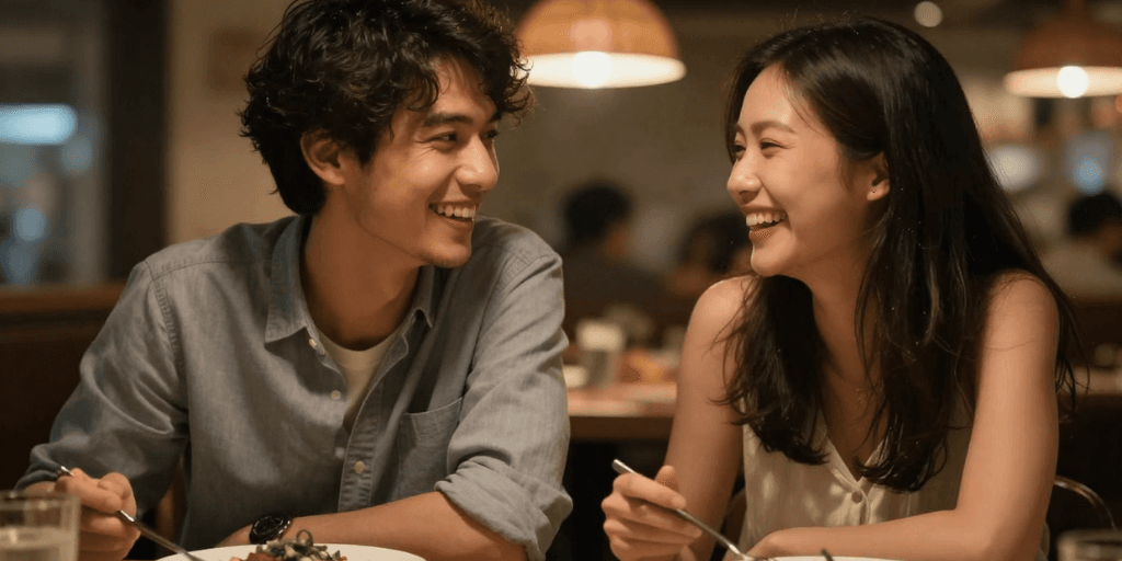 A smiling couple enjoy dinner at an Italian restaurant happy with their decision to date with intention in search of a long-term relationship.